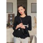 Striped Knitted Peplum Cardigan Black - One Size
