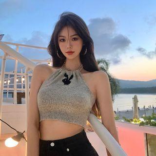 Halter-neck Rabbit Print Knit Camisole Top