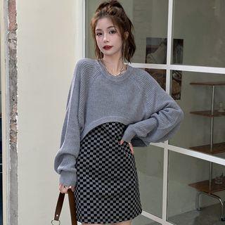 Spaghetti Strap Checkerboard Mini Dress / Asymmetrical Hem Cropped Sweater