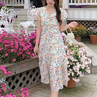 Cap-sleeve V-neck Print Midi A-line Dress