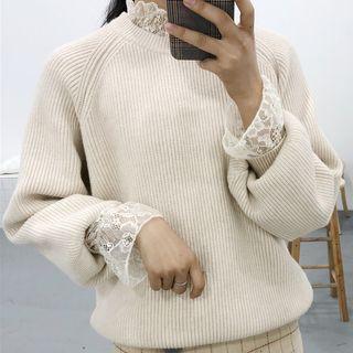 Stand Collar Long-sleeve Lace Top Almond - One Size