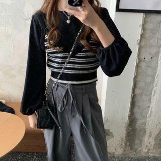 Plain Blouse / Striped Cropped Knit Camisole