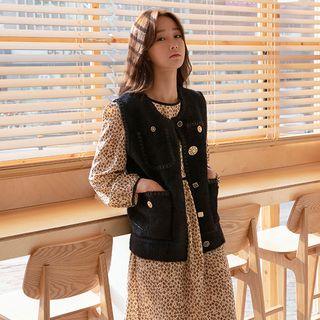 Button-detail Furry Tweed Vest Black - One Size