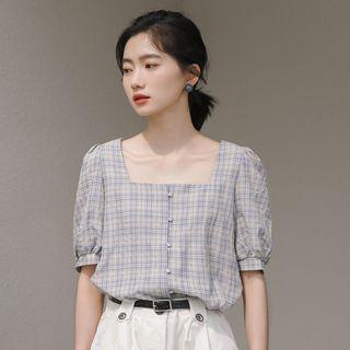 Plaid Square-neck Short-sleeve Shirt