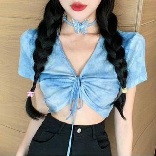 Short-sleeve Tie-dyed Crop Top Blue - One Size