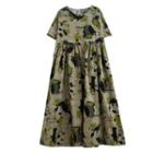 Short-sleeve Print Maxi A-line Dress Green - One Size
