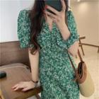 Short-sleeve Flower Print Midi A-line Dress Green - One Size