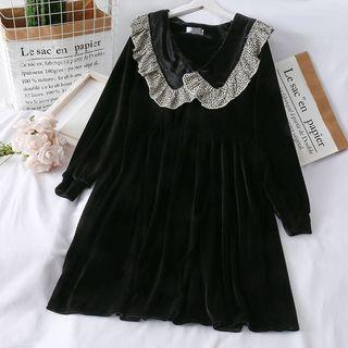Leopard Ruffled-trim V-neck Velvet Dress