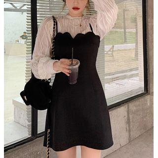 Long-sleeve Mesh Top / Spaghetti Strap Mini Dress