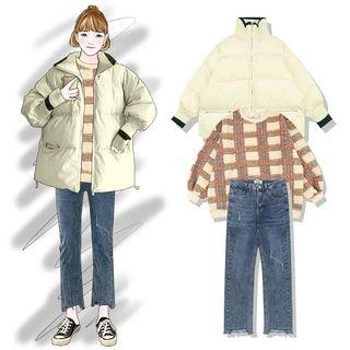Plaid Sweater / Padded Zip Jacket / Distressed Straight-cut Jeans