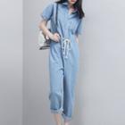 Drawstring-waist Button-down Denim Jumpsuit