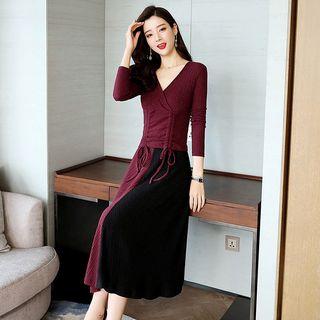 Set: V-neck Drawstring Knit Top + Two-tone A-line Midi Knit Skirt