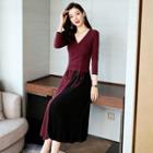 Set: V-neck Drawstring Knit Top + Two-tone A-line Midi Knit Skirt