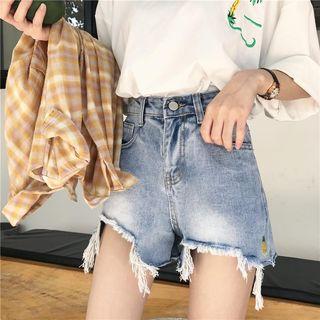 Fringed Hem Embroidered Denim Shorts