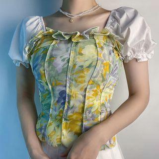 Short-sleeve Floral Top Floral - Yellow - One Size