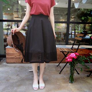 Band-waist Perforated-hem A-line Skirt