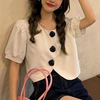 Short-sleeve Floral Button-up Blouse