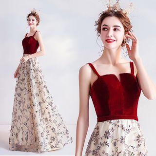 Spaghetti Strap Sequin Flower A-line Evening Gown