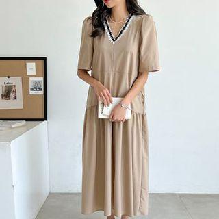 Lace-trim Shirred Long Dress