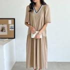 Lace-trim Shirred Long Dress