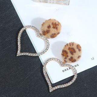 Leopard Print Fabric Disc Rhinestone Heart Dangle Earring As Shown In Figure - One Size