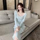 Long-sleeve Lace Trim Knit Midi Sheath Dress Light Blue - One Size