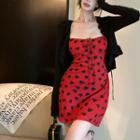 Spaghetti-strap Heart Print Mini Bodycon Dress / Cardigan / Set