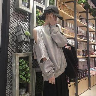 Distressed Off-shoulder Plain Loose-fit Pullover