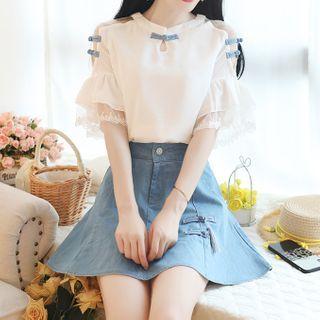Set: Frog-button Elbow-sleeve Blouse + Mini A-line Denim Skirt