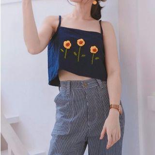 Flower Embroidered Camisole Top Navy Blue - One Size
