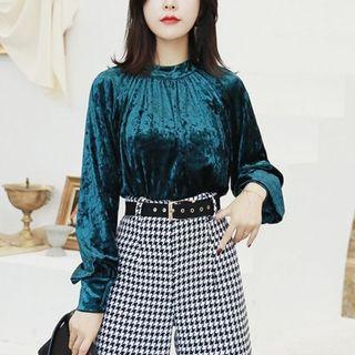 Long-sleeve Velvet Top Dark Green - One Size