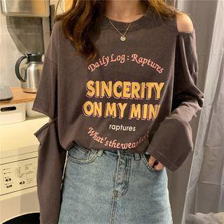 Asymmetric Cutout-shoulder Long-sleeve Letter Print T-shirt