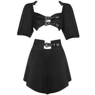 Set: Puff-sleeve Buckled Crop Blouse + Wide Leg Shorts