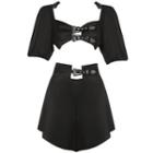 Set: Puff-sleeve Buckled Crop Blouse + Wide Leg Shorts