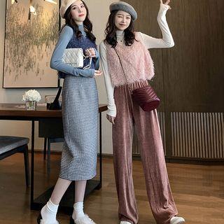Furry Vest / Mock-turtleneck Top / Wide-leg Pants / Straight-fit Skirt / Set