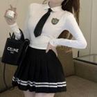 Long-sleeve Embroidered Collared T-shirt / Striped Mini Pleated Skirt