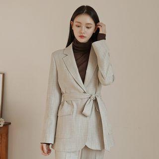 Single-breasted Herringbone Blazer With Sash