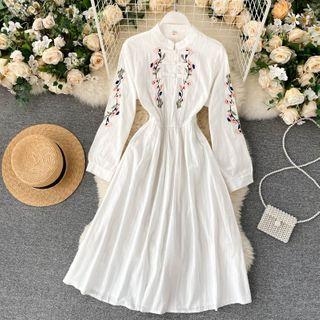 Long-sleeve Embroidered Flower A-line Dress