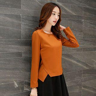 Set: Long-sleeve Plain Cropped Top + Shirred A-line Skirt