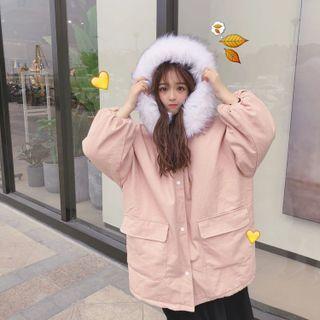 Fluffy Trim Hooded Button Jacket