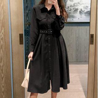 Long-sleeve Buckled Corduroy Midi A-line Shirt Dress