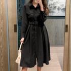 Long-sleeve Buckled Corduroy Midi A-line Shirt Dress