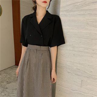 Elbow-sleeve Double-breasted Blouse / Plaid Midi A-line Skirt