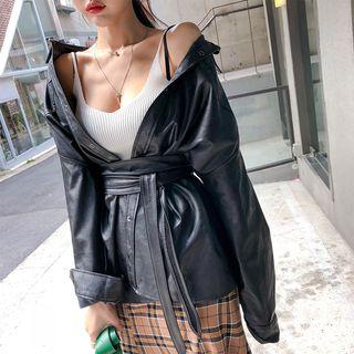 Snap-button Faux-leather Shirt Jacket Black - One Size