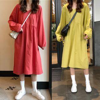 Long Sleeve V-neck Plain Dress