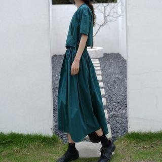 Set: Elbow-sleeve Wrap Blouse + Midi A-line Skirt
