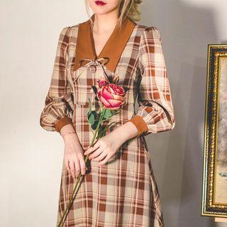 Bow-detail Collared Gingham Long Dress