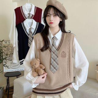 Embroidered Sweater Vest / Puff-sleeve Shirt / Plaid Neck Tie / Set