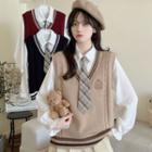 Embroidered Sweater Vest / Puff-sleeve Shirt / Plaid Neck Tie / Set