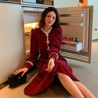 Puff-sleeve Lace Trim Corduroy A-line Dress